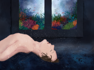 dryfujący mężczyzna w pokoju z oknem